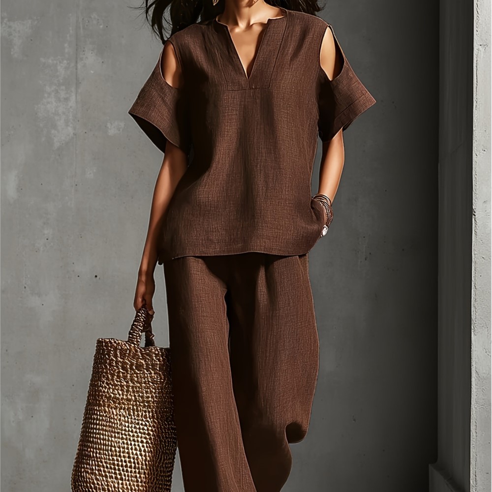 Linen Pant Wide - Dames effen kleur eenvoudig linnen tweedelig